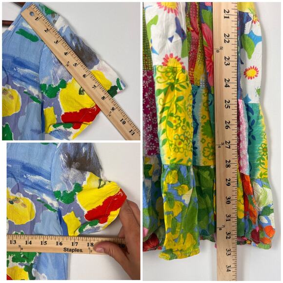 Jams World Floral Art Patchwork S Crinkle Dress Multicolor Boho Short Sleeve - Picture 5 of 8